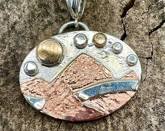 Sterling Silver, 14K Gold-Filled, Copper Oval Mountain Landscape Necklace, Mountain Sun/Moon, Nature Jewelry, Forest & River, 925 Box Chain