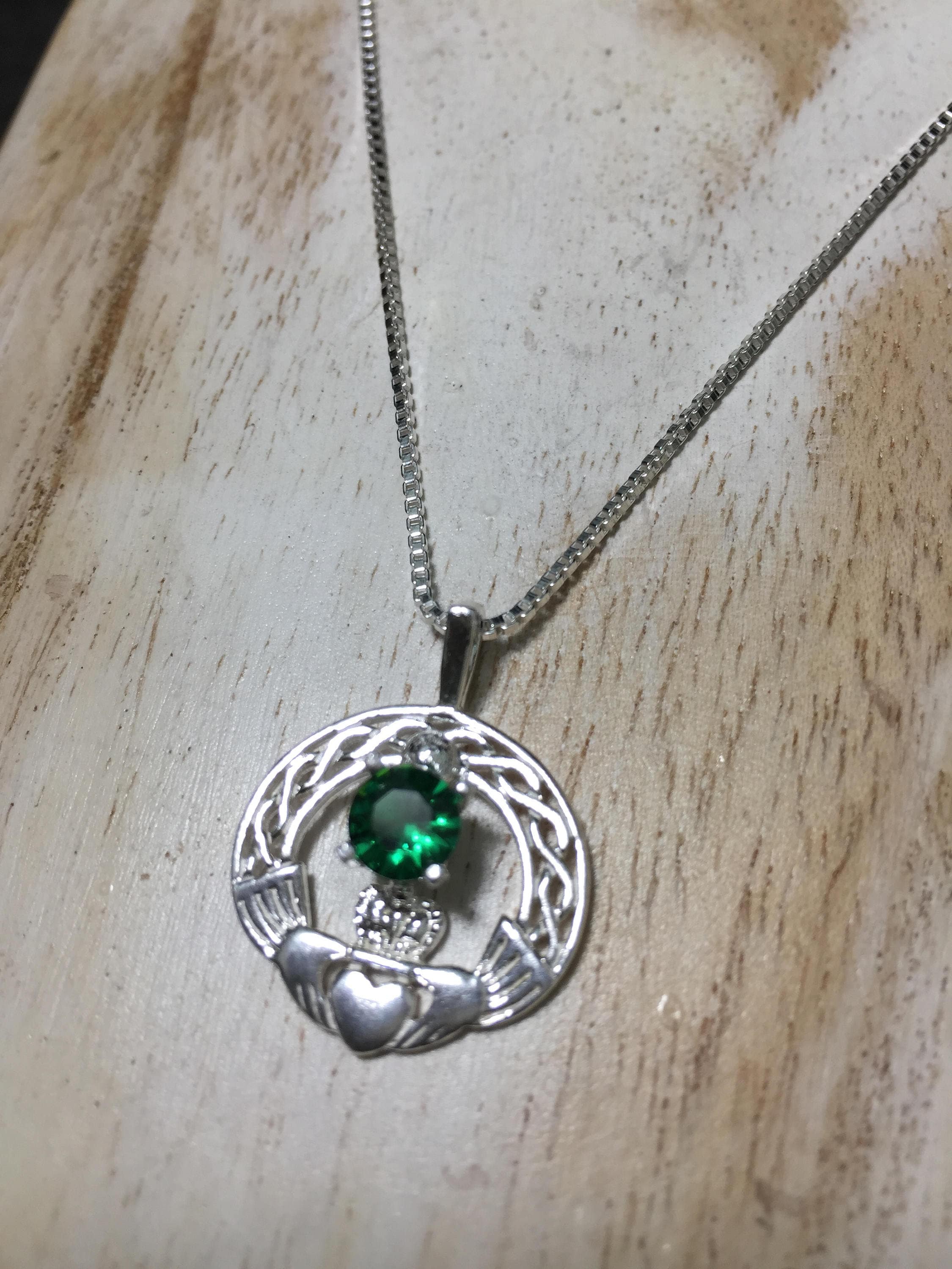 Irish Claddagh Emerald Celtic Necklace, 925 Box Chain, Irish Knot