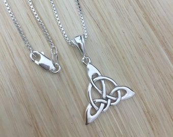 Celtic Symbol Knotwork Sterling Silver Necklace, Trinity Knot Necklace with 18 inch Sterling Silver Box Chain, Irish Symbolic Necklaces