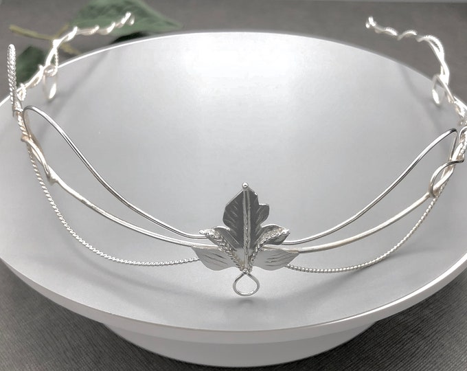 Elvish Wedding Bridal Circlet, Woodland Fae Wedding Headpiece, Sterling Silver Handmade Bridal Circlet with Leaves, Sterling Silver Handmade