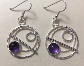 Amethyst Hoop Earrings in Sterling Silver, Celestial Earrings, Artisan Silver Circle Earrings, Eternity Circle Double Hoop Earrings, Hoops