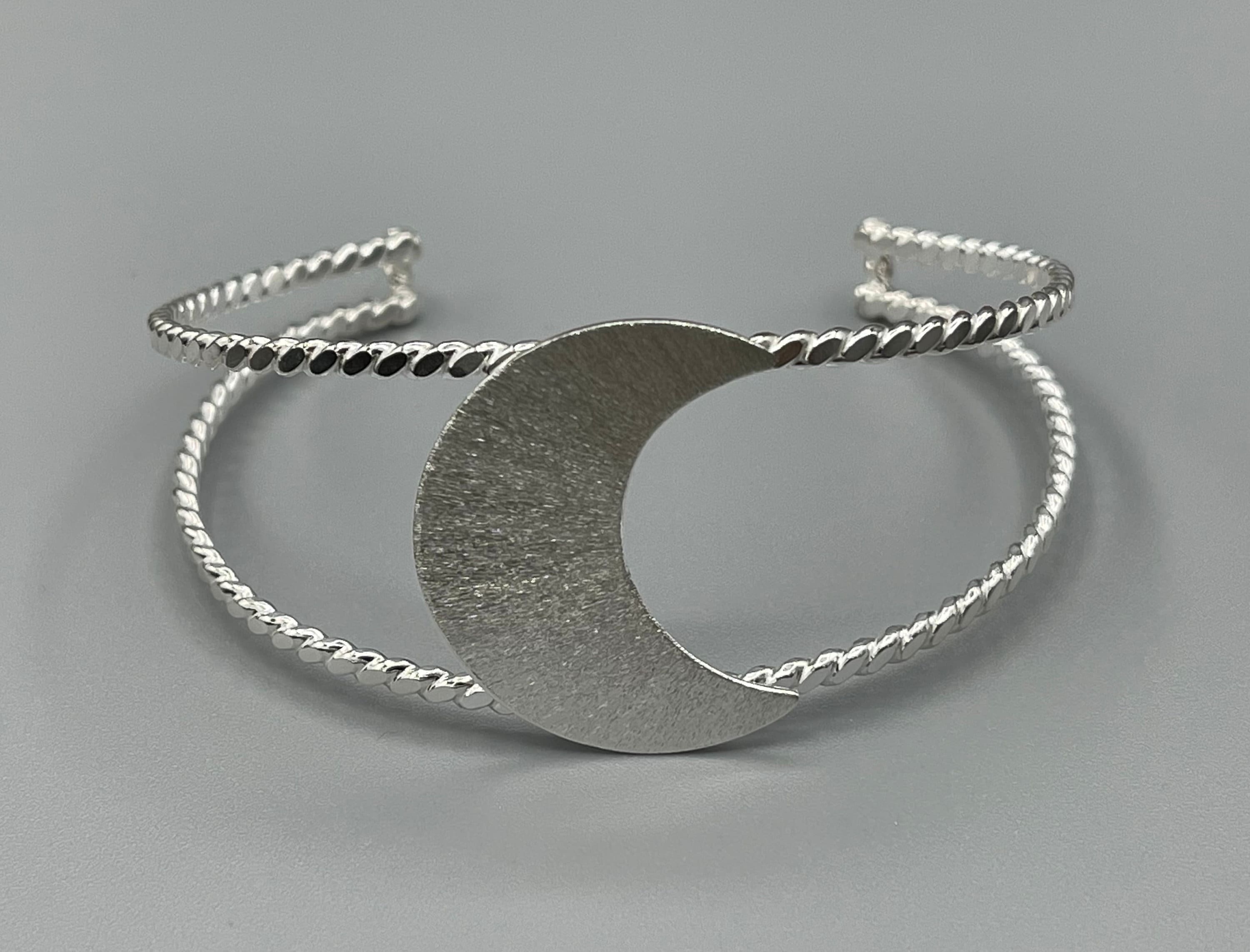 Crescent Moon Bracelet Cuff in Sterling Silver, Artisan Waxing Waning