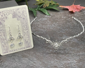 Celtic Trinity Knot Bridal Set, Moonstone Tiara, Moonstone Drop Earrings in Sterling Silver, Handmade Irish Jewelry Sets, Gifts For Her