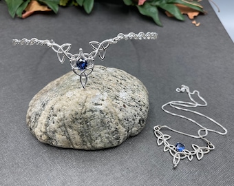 Sterling Silver Celtic Knot Tiara and Necklace Sapphire Set, Irish Wedding, Nordic Wedding, Gift For Her
