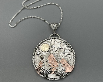 Mountain Scene Mixed Metal Rustic Necklace, Gift For Her, Sterling Silver, Copper, 14K Gold Nature Necklace, Hiking, Medallion