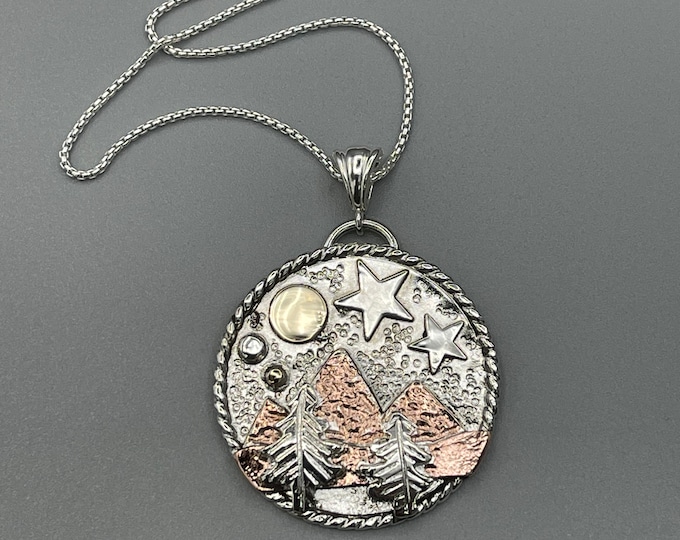 Mountain Scene Mixed Metal Rustic Necklace, Gift For Her, Sterling Silver, Copper, 14K Gold Nature Necklace, Hiking, Medallion