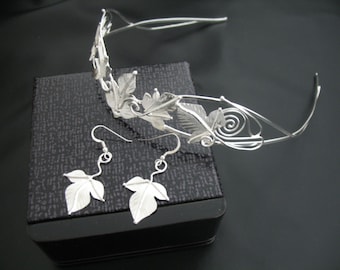 Woodland Leaves Fairytale Wedding Tiara and Earrings Set in Sterling Silver, Handmade Wedding Accessories, Fae Wedding, Elvish Wedding