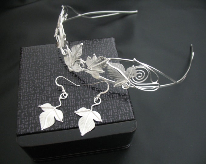 Woodland Leaves Fairytale Wedding Tiara and Earrings Set in Sterling Silver, Handmade Wedding Accessories, Fae Wedding, Elvish Wedding