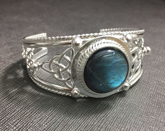 Handmade Sterling Silver Celtic Knot Gemstone Cuff Bracelet, Statement Jewelry, Large Cuff Bracelet