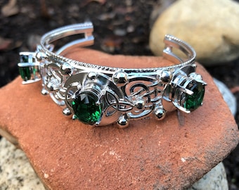 Celtic Bracelet Cuff With Emerald in Sterling Silver, Artisan Bracelet Cuff, Art Nouveau Bracelet Cuff Design with Gemstones