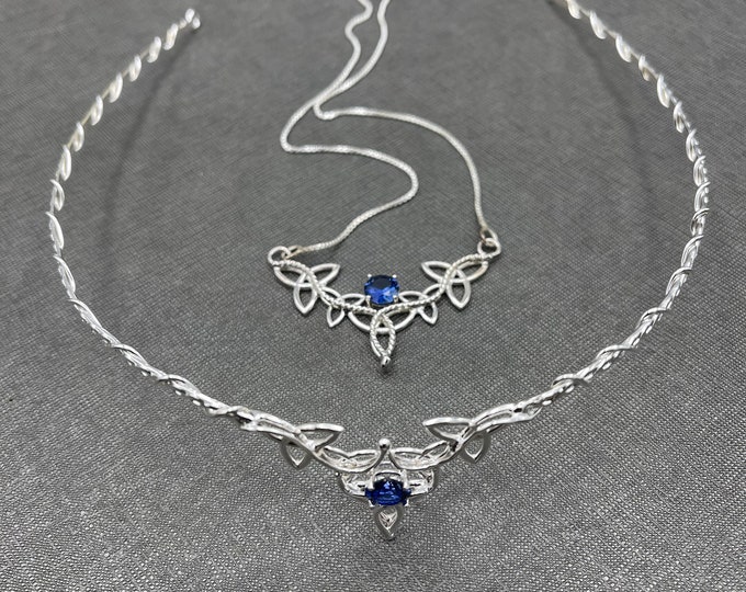 Tiara and Necklace Sapphire Emerald Topaz Set, Irish Trinity Knot Wedding Diadems, Handmade Celtic Knot Necklace, Gifts For Her