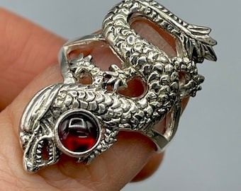Handmade Sterling Silver Dragon Garnet Ring, Fantasy Jewelry, Dragon Jewelry