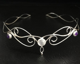 Fairytale Renaissance Moonstone Amethyst Tiara in Sterling Silver, Fae Wedding, Bohemian Tiaras, Elvish Tiara, Alternative Bride, Handmade