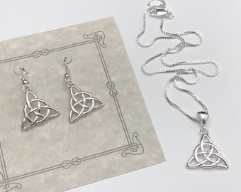 Celtic Knot Necklace and Earrings Set Silver, Gifts For Her, Charmed Knot Necklace,  Irish Necklaces, Eternity Symbolic Celtic Jewelry