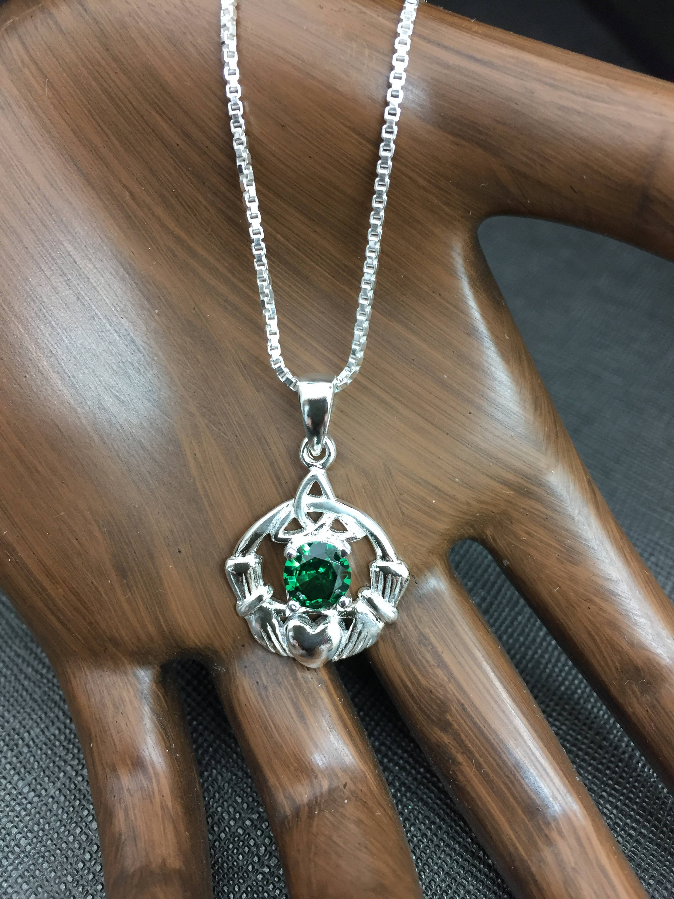 Irish Claddagh Emerald Peridot Amethyst Necklace in Sterling Silver