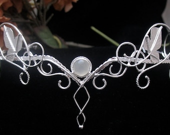 Woodland Elvish Circlet in Sterling Silver, Pagan Handfasting Moonstone Headpiece, Fantasy Wedding Circlets, Alternative Bride