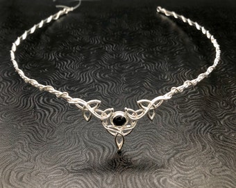 Elvish Sterling Silver Celtic Knot Tiara with Sapphire: Irish Wedding Headpiece