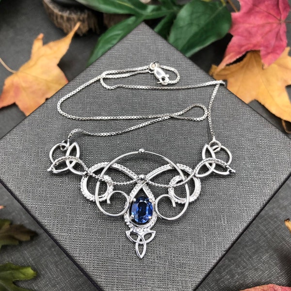 Celtic Knot Sapphire Necklace in Sterling Silver, Handmade Celtic Renaissance Necklace, Scottish Wedding Necklaces, Gifts For Her