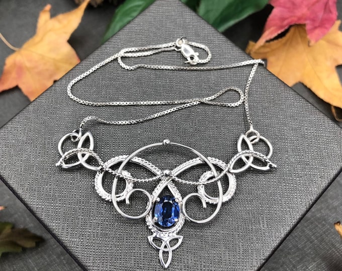 Celtic Knot Sapphire Necklace in Sterling Silver, Handmade Celtic Renaissance Necklace, Scottish Wedding Necklaces, Gifts For Her