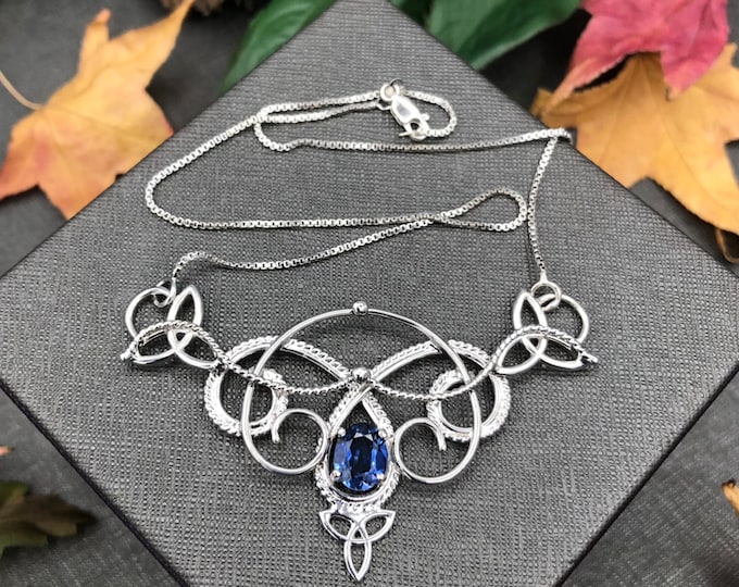 Celtic Sapphire Necklace in Sterling Silver, Norse Goddess Jewelry, Handmade Irish Wedding Necklace, Scottish Wedding Necklace, Gift For Her