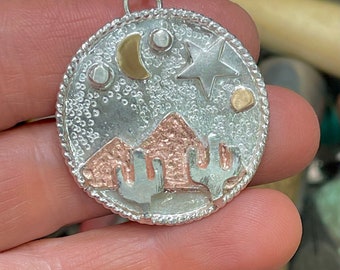 Southwest Mountain Nature Mixed Metal Cactus Necklace, Gift For Her, Mixed Metal Silver, Copper, Gold, Nature Necklace, Hiking, Rustic