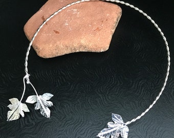 Woodland Elvish Sterling Silver Neck Torc, Handmade Necklet Ring, Leaf Nature Inspired Torc, OOAK, Gift For Her