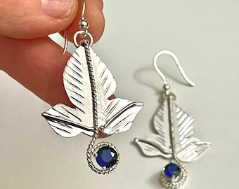 Leaf Dangle Drop Earrings in Sterling Silver with Sapphire Gemstone