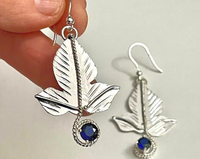 Leaf Dangle Drop Earrings in Sterling Silver with Sapphire Gemstone, Gifts For Her