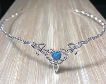 Blue Opal Celtic Knot Sterling Silver Circlet: Irish Bridal Headpiece