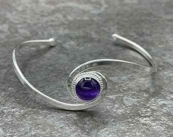 Sterling Silver Classic Simple Bracelet Cuff With Amethyst, Moonstone, Garnet Cabochon, Simple Cuff Bangle, Gifts For Her, Bracelet Cuffs