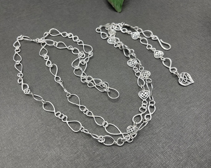 Medieval Girdle Lariat Sterling Silver Belt, Adjustable, Celtic Knot Infinity link belt for wedding Dress, Outlander, Renaissance Chain Belt