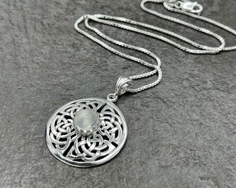 Celtic Knot Irish Moonstone Necklace in Sterling Silver With Chain, Trinity Knot Gemstone Necklace,  Valentine's Day Gift for Her Necklace