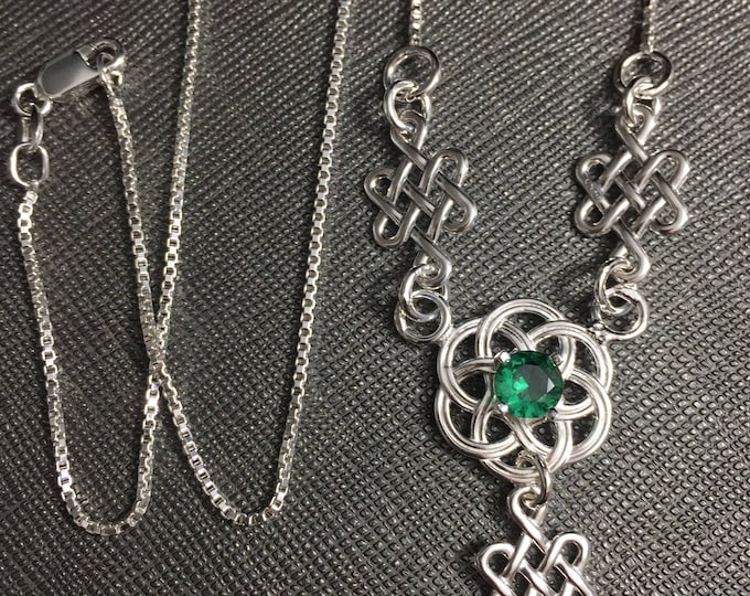 Celtic Irish Knot Emerald Necklace in Sterling Silver, Scottish Symbolic Necklaces, Irish Jewelry, Gifts for Her