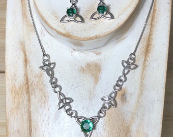 Sterling Silver Celtic Knot Necklace Earrings Set: Emerald Gemstones, Irish Drop Necklace, Earrings, Gifts For Her