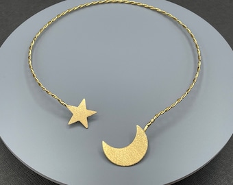 Crescent Moon and Star Celestial Necklet Torc in Sterling Silver or Gold-Plated, Moon Neck Ring, Artisan Choker Style Necklace