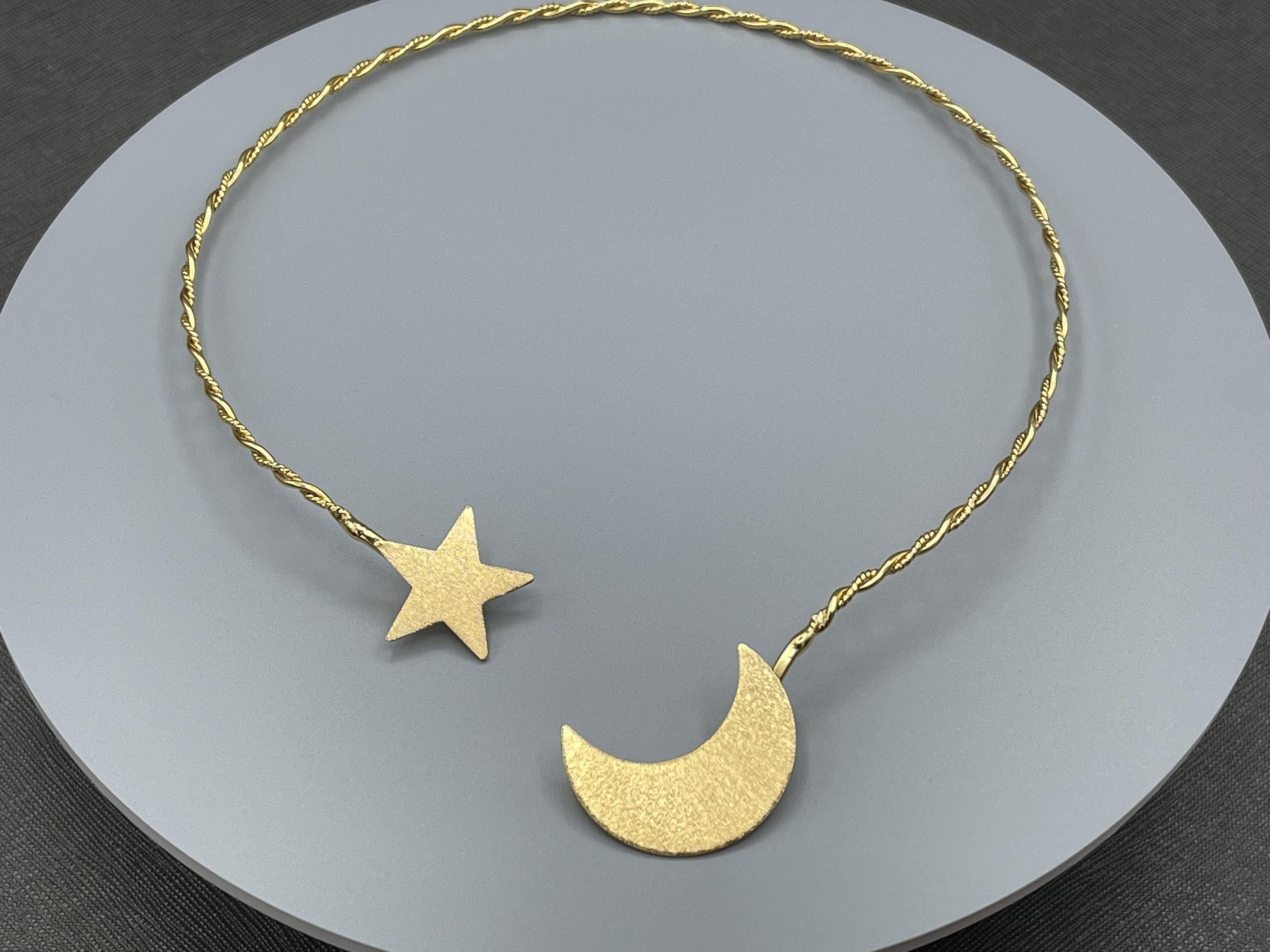 Crescent Moon and Star Celestial Necklet Torc in Sterling Silver or  Gold-Plated, Moon Neck Ring, Artisan Choker Style Necklace