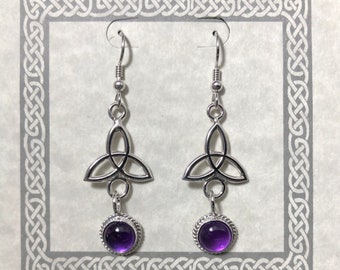 Celtic Amethyst Drop Earrings in Sterling Silver, Irish Charmed Dangle Earrings, Wedding Earrings, Simple Trinity Knot Dangle Earrings