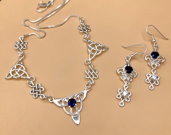 Sapphire Celtic Trinity Knot Necklace: Sterling Silver Irish Jewelry Set, Irish Wedding, Necklace and Earrings, Gifts For Her