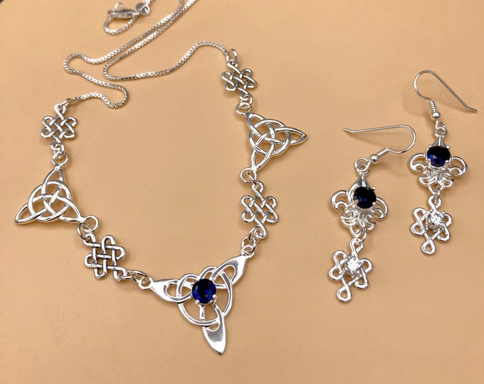 Sapphire Celtic Trinity Knot Necklace: Sterling Silver Irish Jewelry Set, Irish Wedding, Necklace and Earrings, Gifts For Her