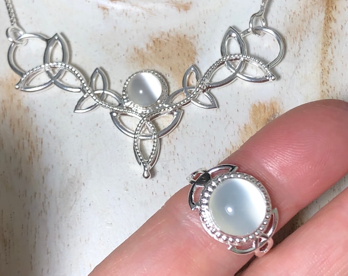 Irish Celtic Ring and Necklace Set with Moonstones in Sterling Silver, Artisan Irish Ring and Necklace Combo with Gemstone Choice, 925