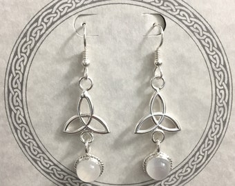 Celtic Dangle Drop Earrings in Sterling Silver with 8mm Moonstones, Handmade Dangle Drop Earrings with Gems, Charmed Knot Trinity Jewelry