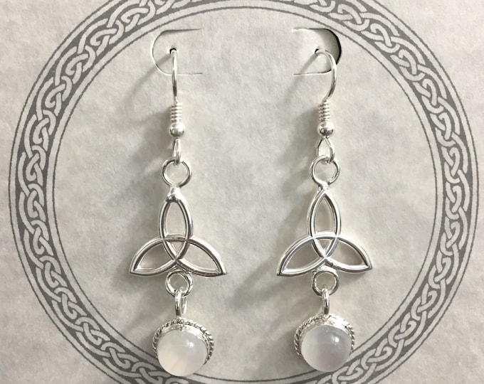 Celtic Dangle Drop Earrings in Sterling Silver with 8mm Moonstones, Handmade Dangle Drop Earrings with Gems, Charmed Knot Trinity Jewelry