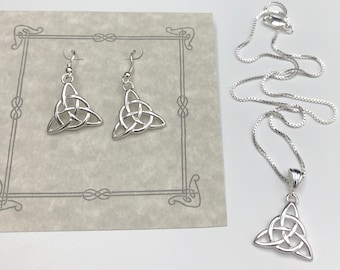 Sterling Silver Celtic Knot Necklace and Earrings Set, Irish Jewelry Set, Earrings and Necklace Scottish