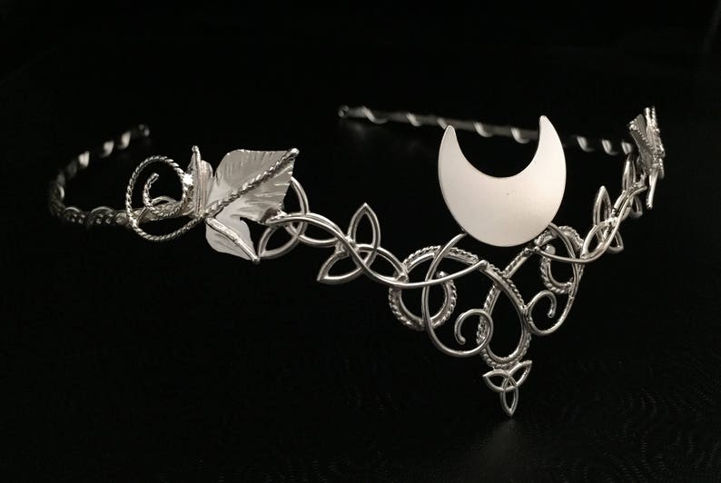 Wedding Circlet for Hair Handmade Artisan SCA Pagan Alternative Elvish Celtic Leaves Crescent Moon Bridal Wedding Tiara in Sterling Silver