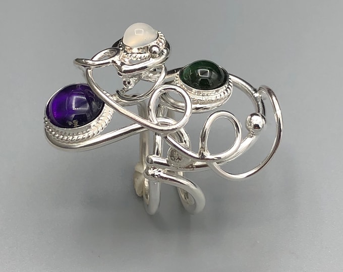 Bohemian Statement Amethyst Moonstone Green Tourmaline Ring, Statement Moonstone Rings, Abstract Swirl Finger Jewelry