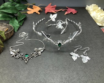 Woodland Bridal Tiara, Earrings, Bracelet and Necklace in Sterling Silver, Fae Wedding Circlet, Necklace, Bohemian Wedding Bracelet Set