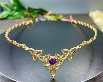 Celtic Knot Wedding Circlet Amethyst with 24K Gold Plating, Irish Tiara Sterling Silver 24K Gold Plating OOAK Irish Tiara