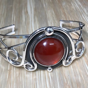 Sterling Silver Witchblade Style Bracelet, Artisan Boho Carnelian Cuff 20mm, Statement Heavy Bracelet Cuff Large, Handmade Cuff Bracelet