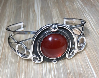 Sterling Silver Witchblade Style Bracelet, Artisan Boho Carnelian Cuff 20mm, Statement Heavy Bracelet Cuff Large, Handmade Cuff Bracelet