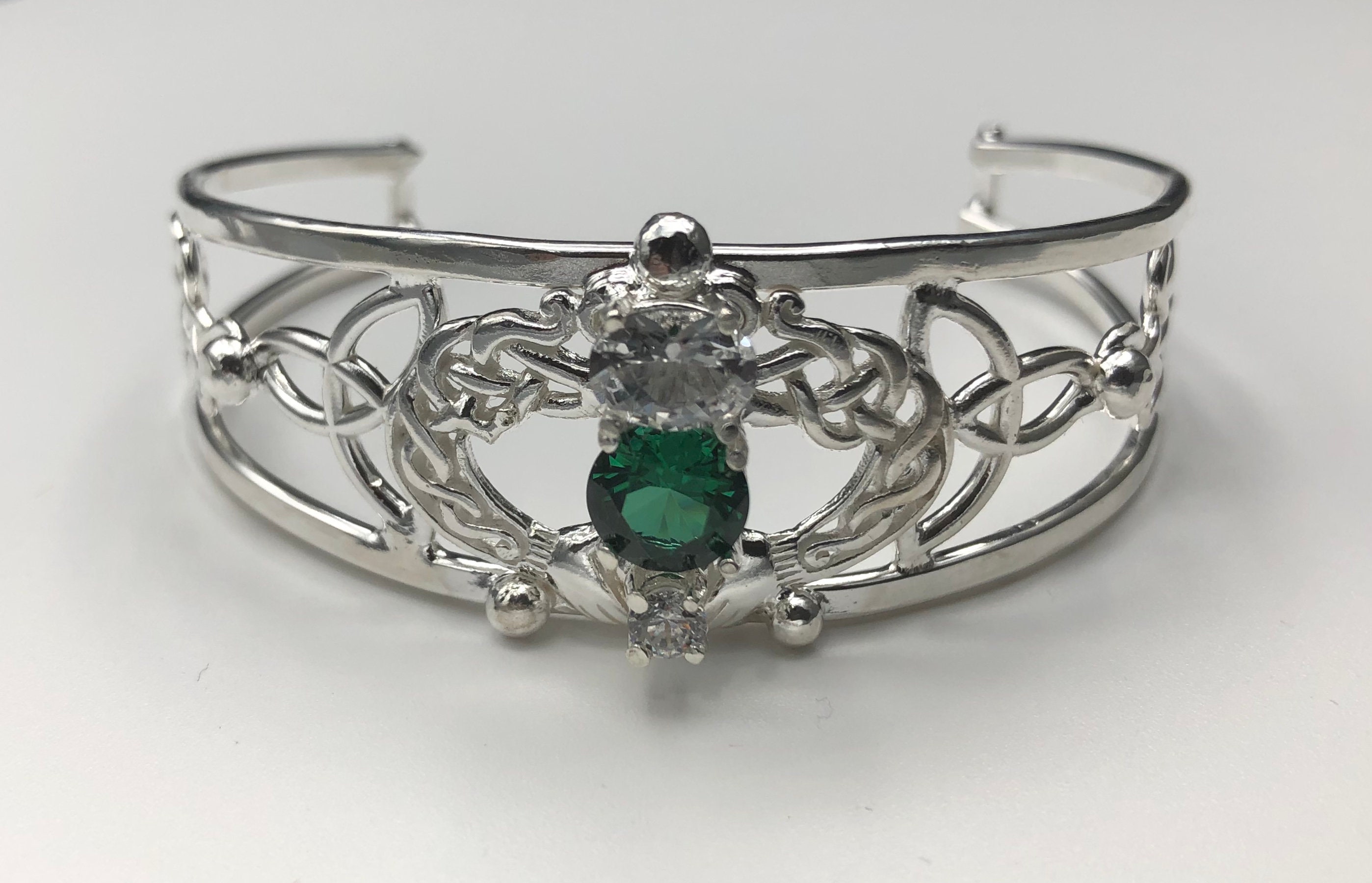 Celtic Knot Claddagh Emerald Bracelet Sterling Silver, Irish Statement